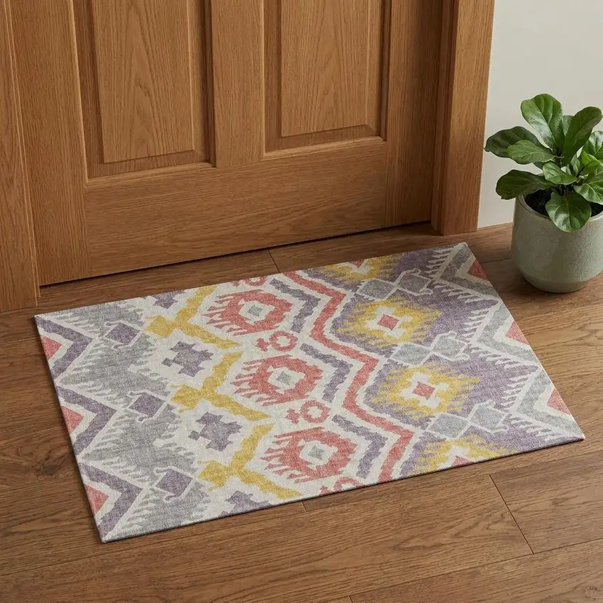 Purple Ivory And Gold Tribal Washable Area Rug With UV Protection Photo 1