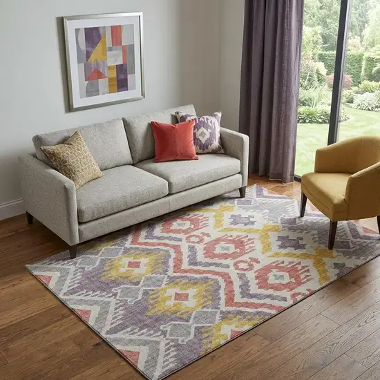Purple Ivory And Gold Tribal Washable Area Rug With UV Protection Photo 1