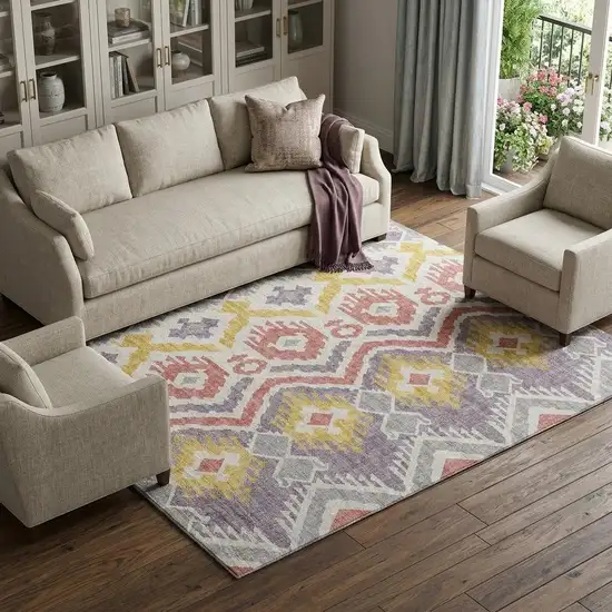 Purple Ivory And Gold Tribal Washable Area Rug With UV Protection Photo 1