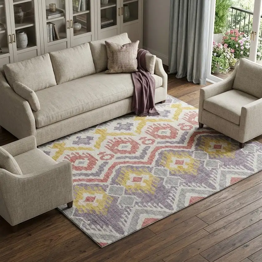 Purple Ivory And Gold Tribal Washable Area Rug With UV Protection Photo 1