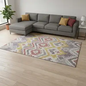 Photo of Purple Ivory And Gold Tribal Washable Area Rug With UV Protection