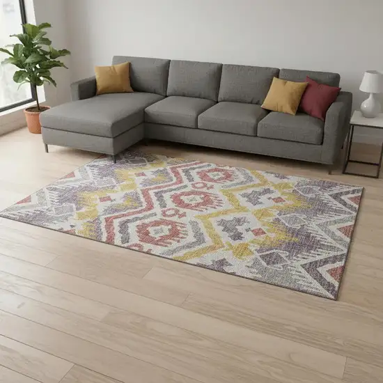 Purple Ivory And Gold Tribal Washable Area Rug With UV Protection Photo 1