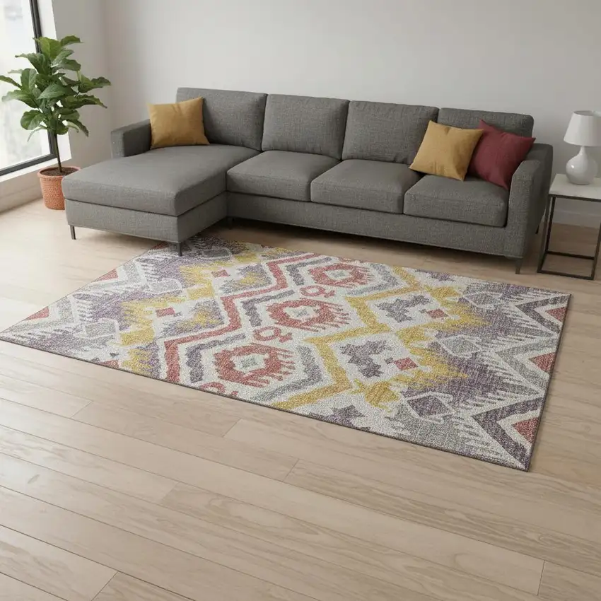 Purple Ivory And Gold Tribal Washable Area Rug With UV Protection Photo 1