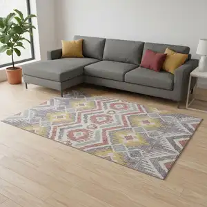 Photo of Purple Ivory And Gold Tribal Washable Area Rug With UV Protection