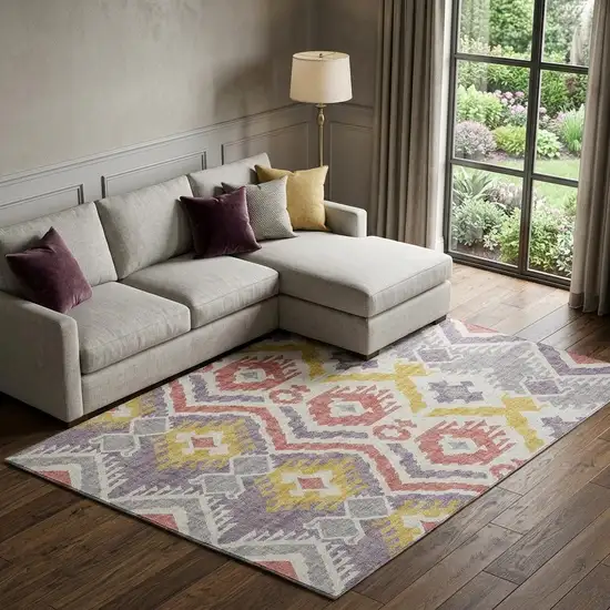Purple Ivory And Gold Tribal Washable Area Rug With UV Protection Photo 1