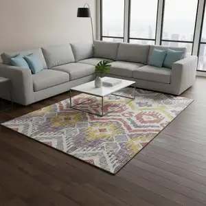 Photo of Purple Ivory And Gold Tribal Washable Area Rug With UV Protection