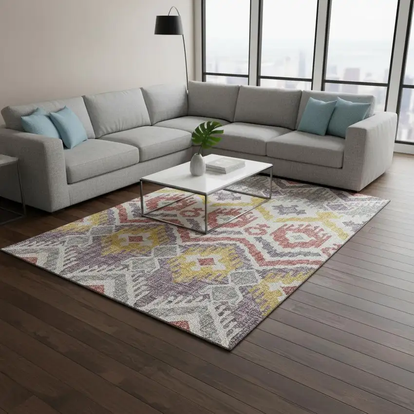 Purple Ivory And Gold Tribal Washable Area Rug With UV Protection Photo 1