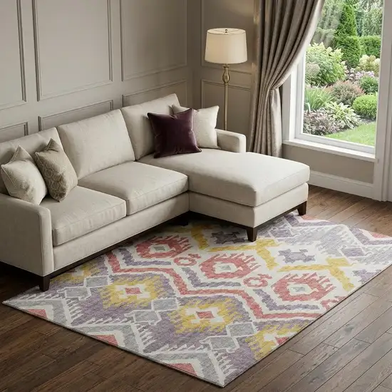 Purple Ivory And Gold Tribal Washable Area Rug With UV Protection Photo 1