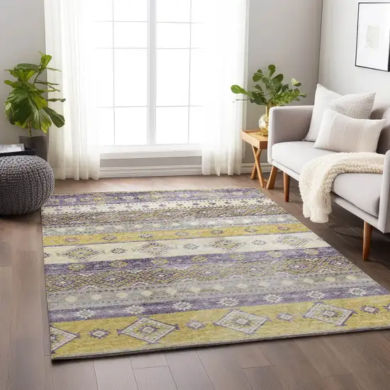 Purple Ivory And Gold Tribal Washable Area Rug With UV Protection Photo 4