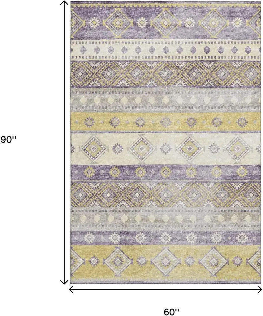 Purple Ivory And Gold Tribal Washable Area Rug With UV Protection Photo 3