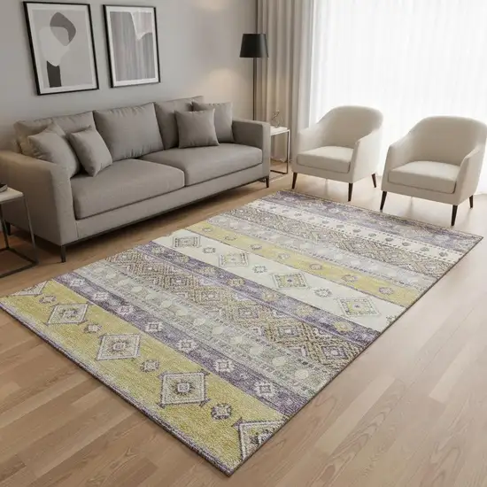 Purple Ivory And Gold Tribal Washable Area Rug With UV Protection Photo 1