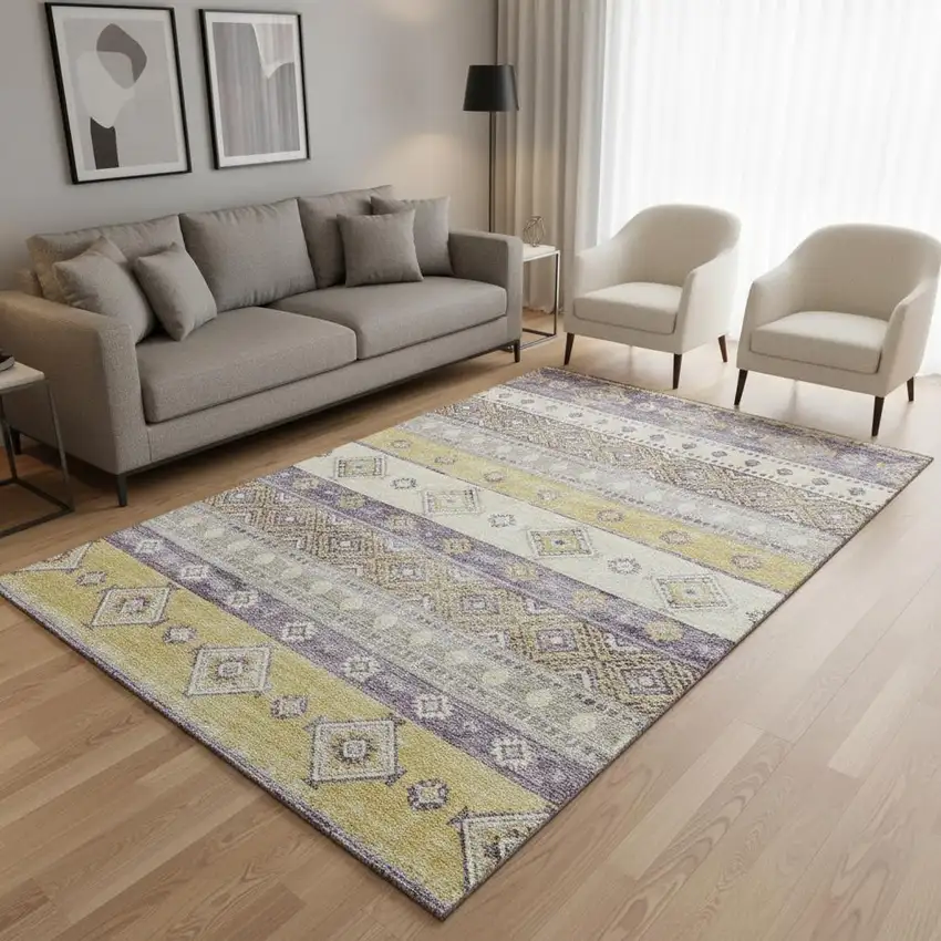 Purple Ivory And Gold Tribal Washable Area Rug With UV Protection Photo 1