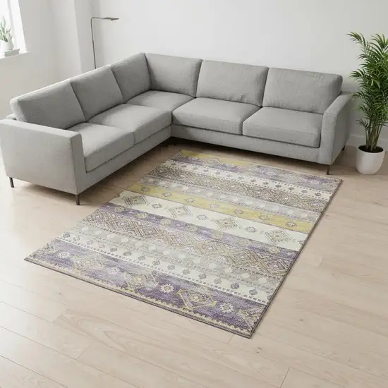Purple Ivory And Gold Tribal Washable Area Rug With UV Protection Photo 1