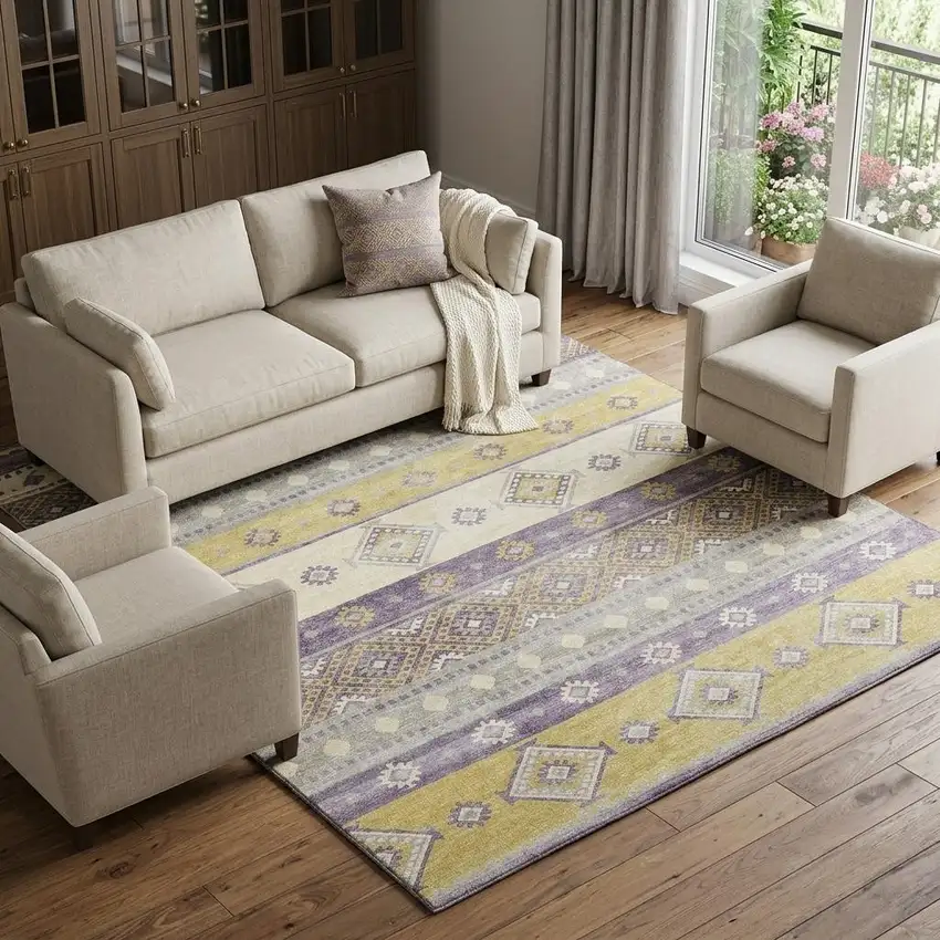 Purple Ivory And Gold Tribal Washable Area Rug With UV Protection Photo 1