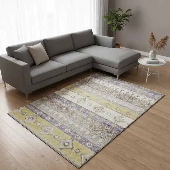 Purple Ivory And Gold Tribal Washable Area Rug With UV Protection Photo 1