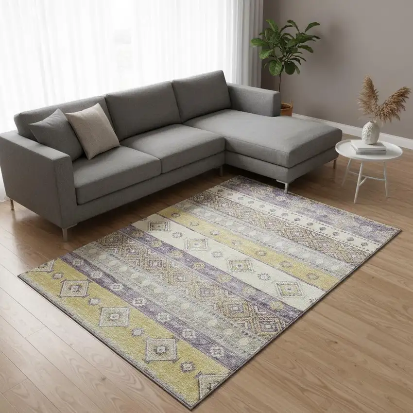 Purple Ivory And Gold Tribal Washable Area Rug With UV Protection Photo 1