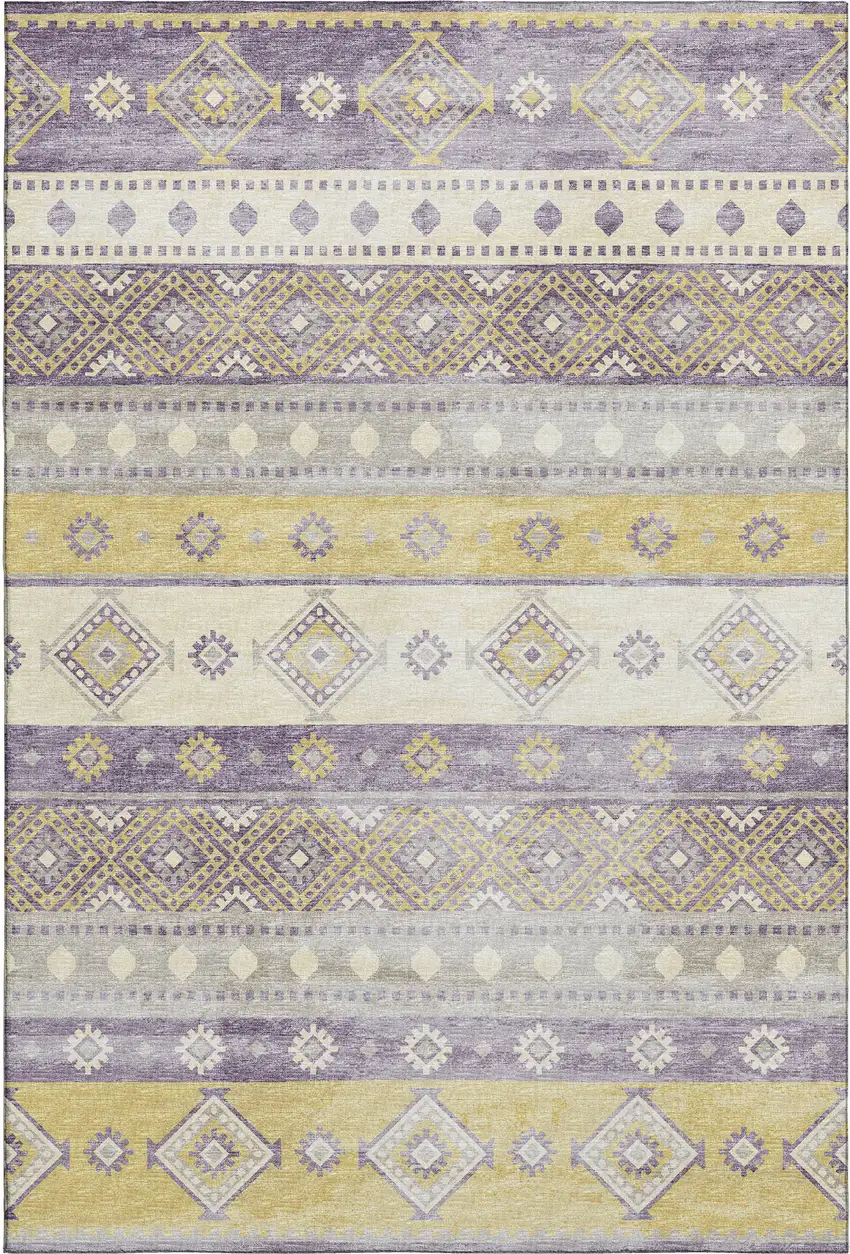 Purple Ivory And Gold Tribal Washable Area Rug With UV Protection Photo 2