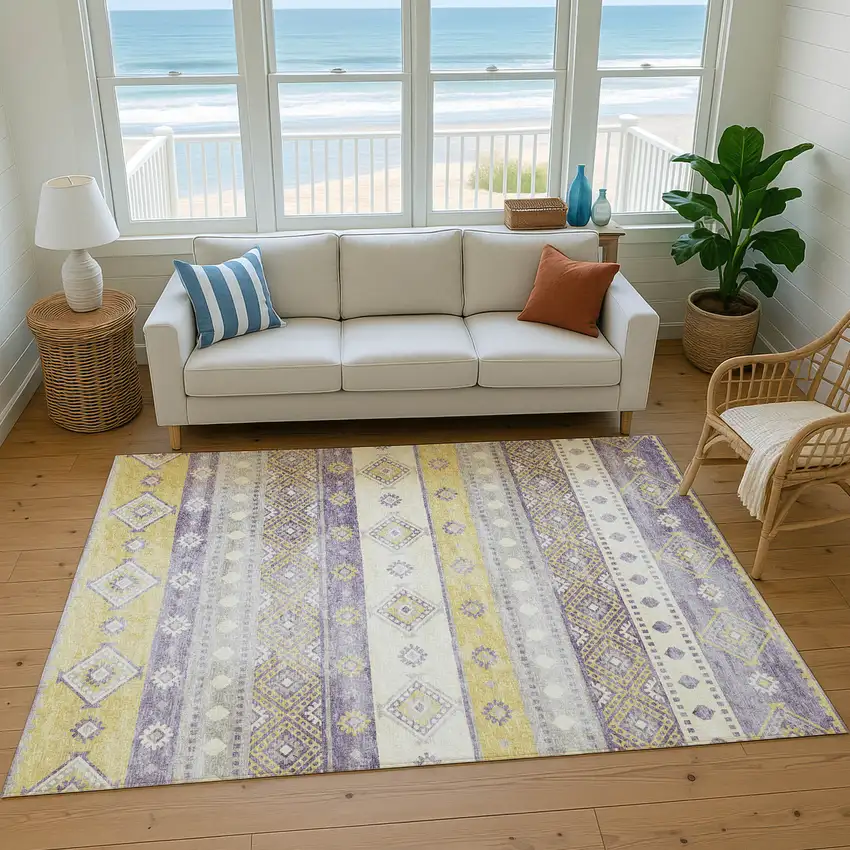 Purple Ivory And Gold Tribal Washable Area Rug With UV Protection Photo 5