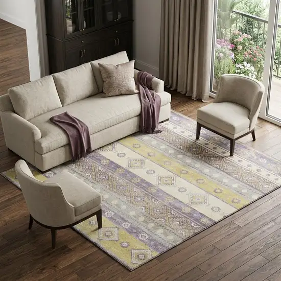 Purple Ivory And Gold Tribal Washable Area Rug With UV Protection Photo 1