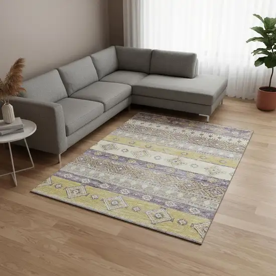 Purple Ivory And Gold Tribal Washable Area Rug With UV Protection Photo 1