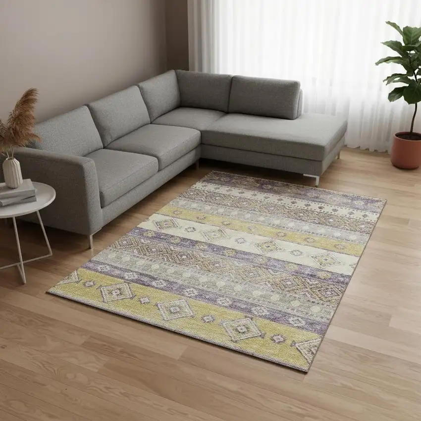 Purple Ivory And Gold Tribal Washable Area Rug With UV Protection Photo 1