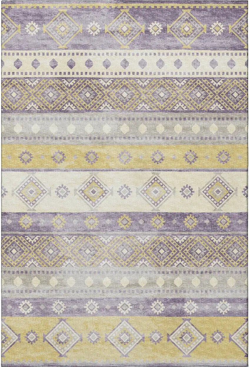 Purple Ivory And Gold Tribal Washable Area Rug With UV Protection Photo 6