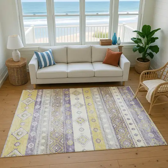 Purple Ivory And Gold Tribal Washable Area Rug With UV Protection Photo 5