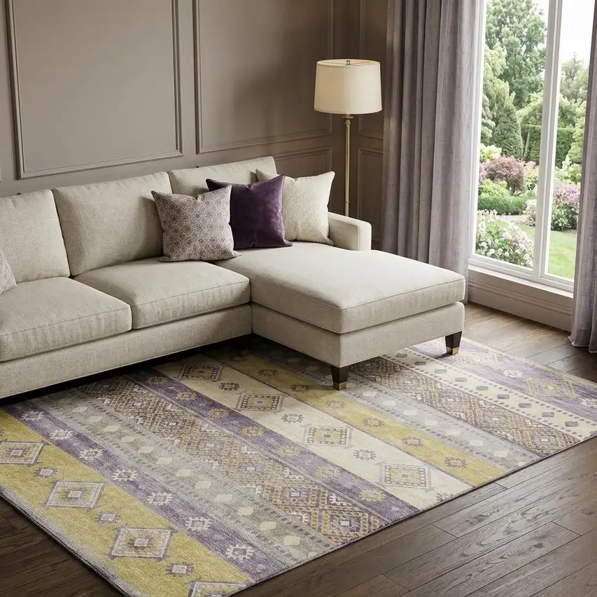 Purple Ivory And Gold Tribal Washable Area Rug With UV Protection Photo 1