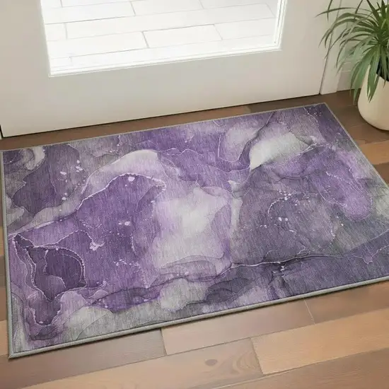 Purple Ivory And Gray Abstract Washable Area Rug With UV Protection Photo 2