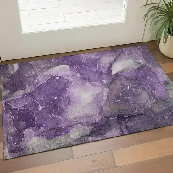Purple Ivory And Gray Abstract Washable Area Rug With UV Protection Photo 1
