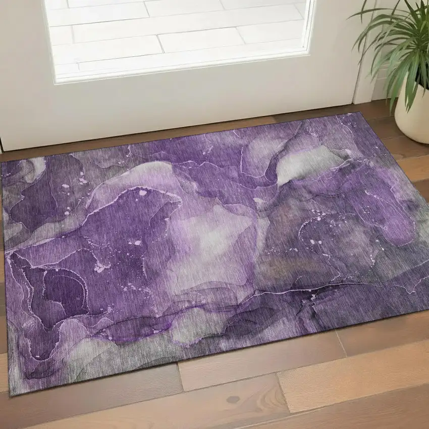 Purple Ivory And Gray Abstract Washable Area Rug With UV Protection Photo 1