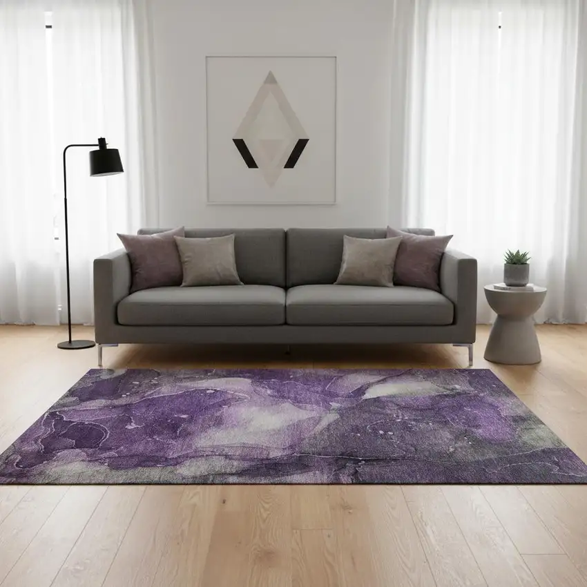 Purple Ivory And Gray Abstract Washable Area Rug With UV Protection Photo 1
