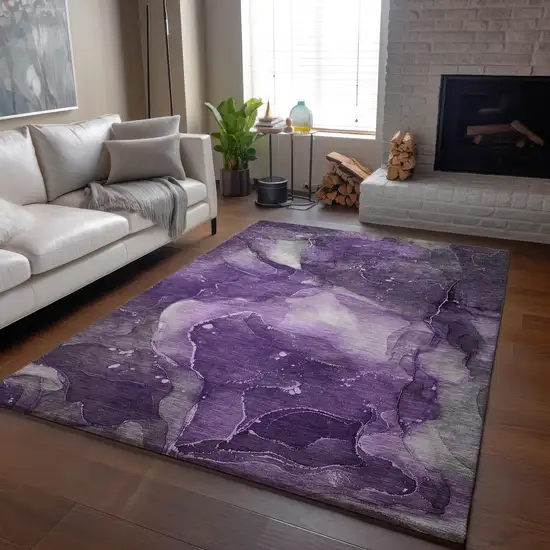 Purple Ivory And Gray Abstract Washable Area Rug With UV Protection Photo 5