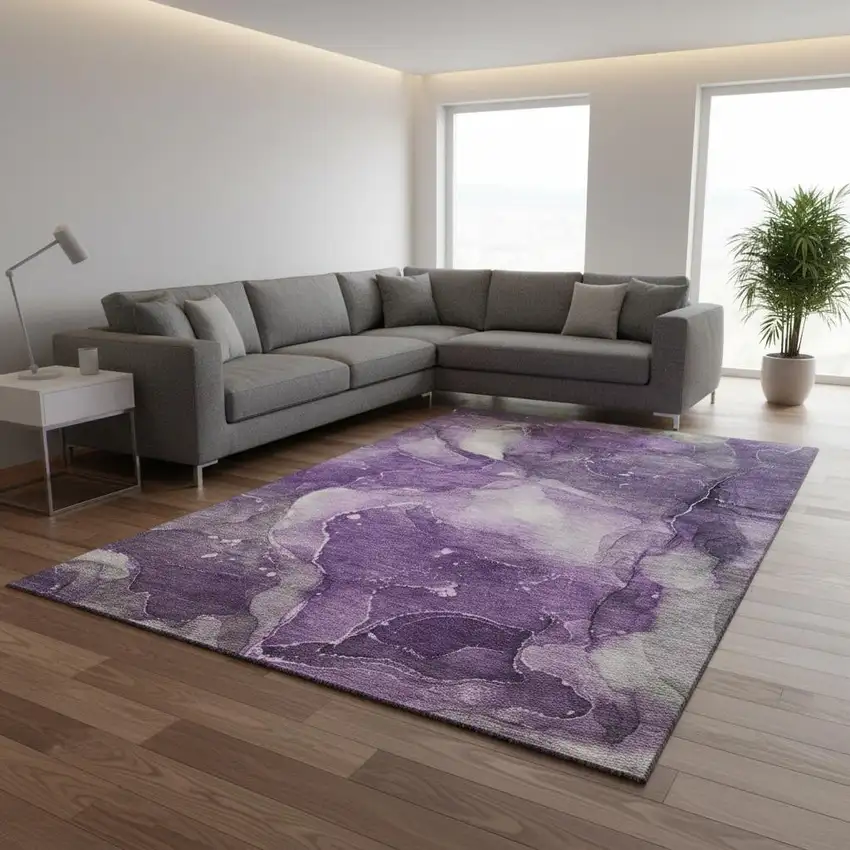 Purple Ivory And Gray Abstract Washable Area Rug With UV Protection Photo 1