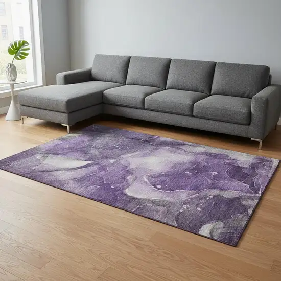 Purple Ivory And Gray Abstract Washable Area Rug With UV Protection Photo 1