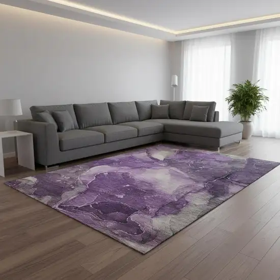 Purple Ivory And Gray Abstract Washable Area Rug With UV Protection Photo 1