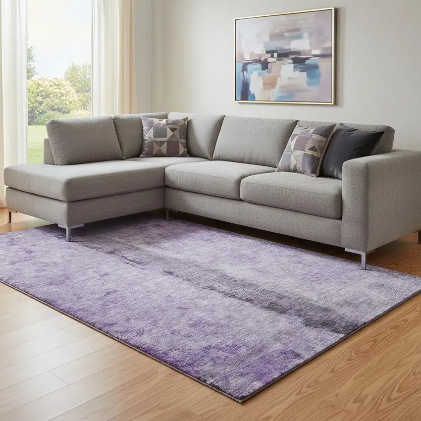 Purple Ivory And Gray Abstract Washable Area Rug With UV Protection Photo 1