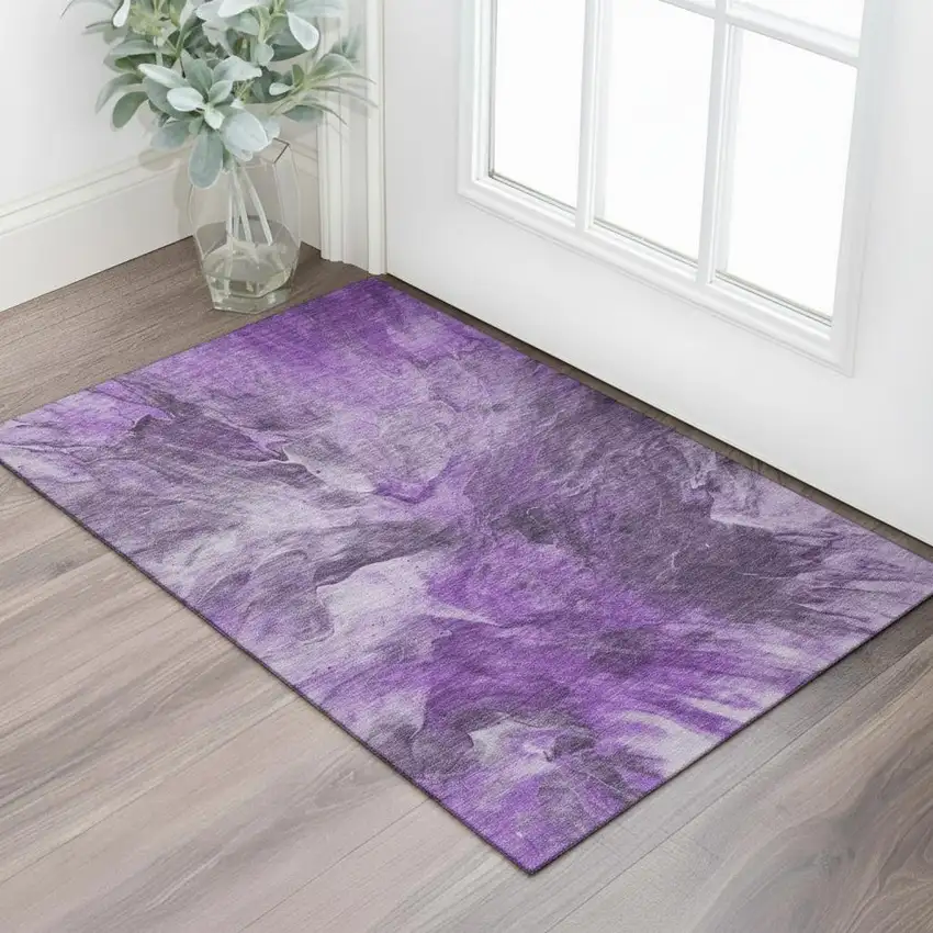 Purple Ivory And Gray Abstract Washable Area Rug With UV Protection Photo 1