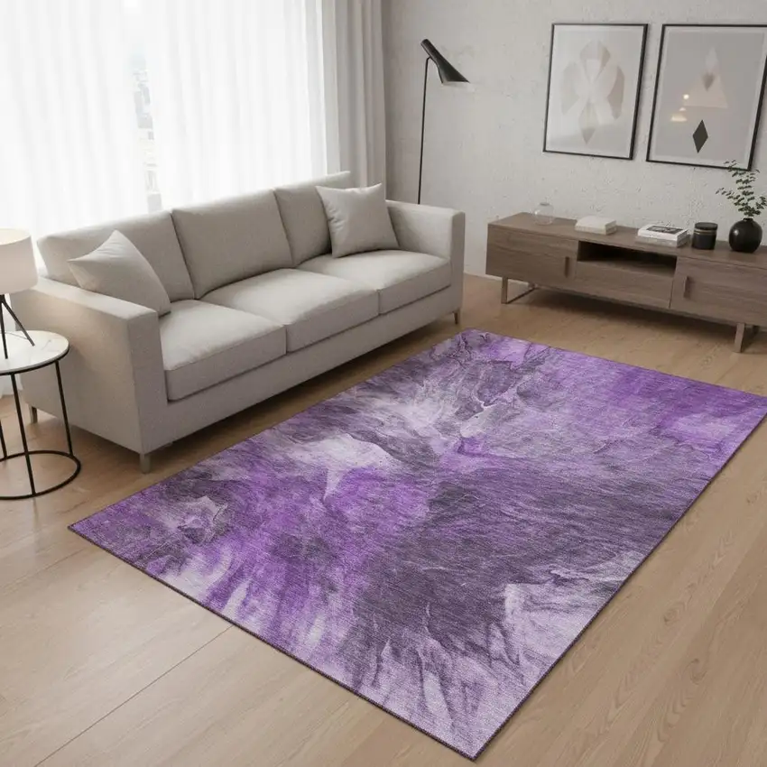 Purple Ivory And Gray Abstract Washable Area Rug With UV Protection Photo 2
