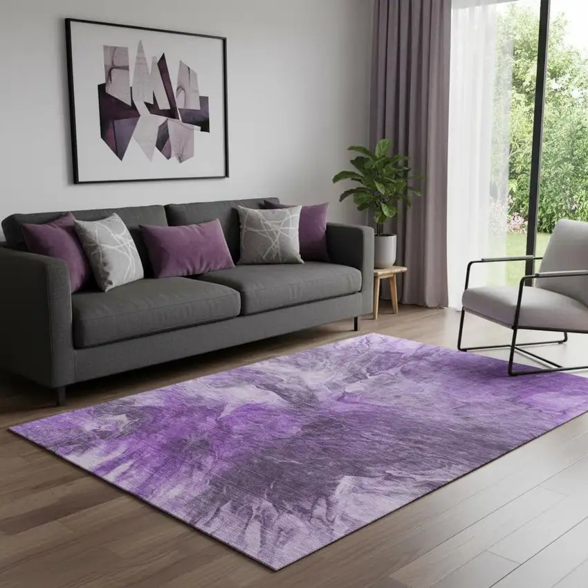 Purple Ivory And Gray Abstract Washable Area Rug With UV Protection Photo 1