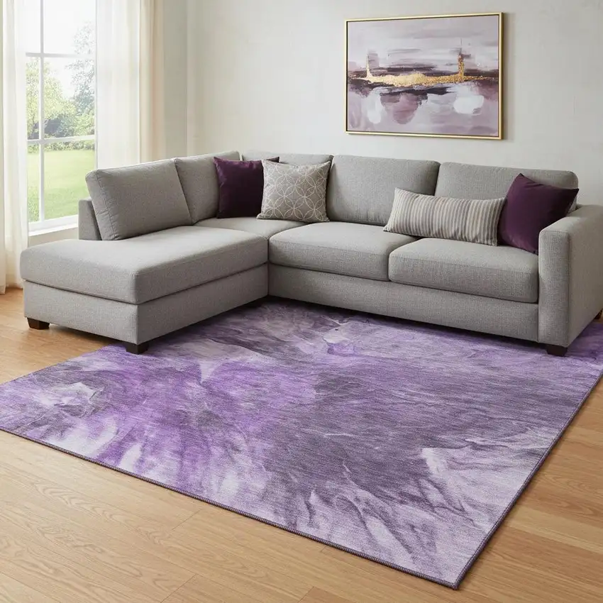 Purple Ivory And Gray Abstract Washable Area Rug With UV Protection Photo 1