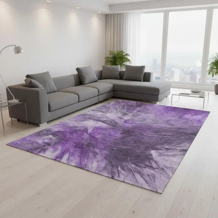 Purple Ivory And Gray Abstract Washable Area Rug With UV Protection Photo 2