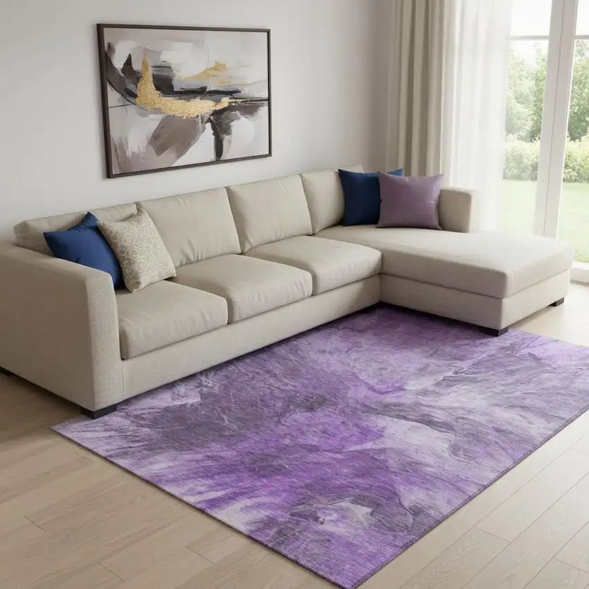 Purple Ivory And Gray Abstract Washable Area Rug With UV Protection Photo 1