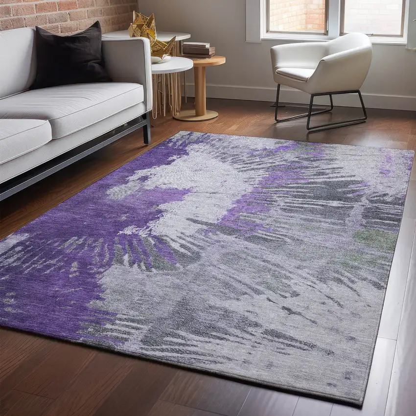 Purple Ivory And Gray Abstract Washable Area Rug With UV Protection Photo 3