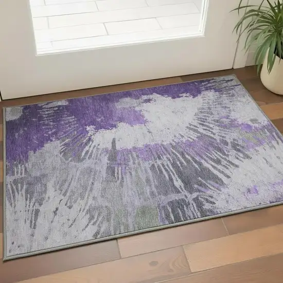 Purple Ivory And Gray Abstract Washable Area Rug With UV Protection Photo 2