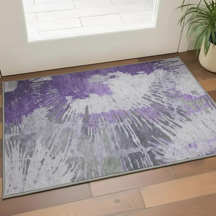 Purple Ivory And Gray Abstract Washable Area Rug With UV Protection Photo 2