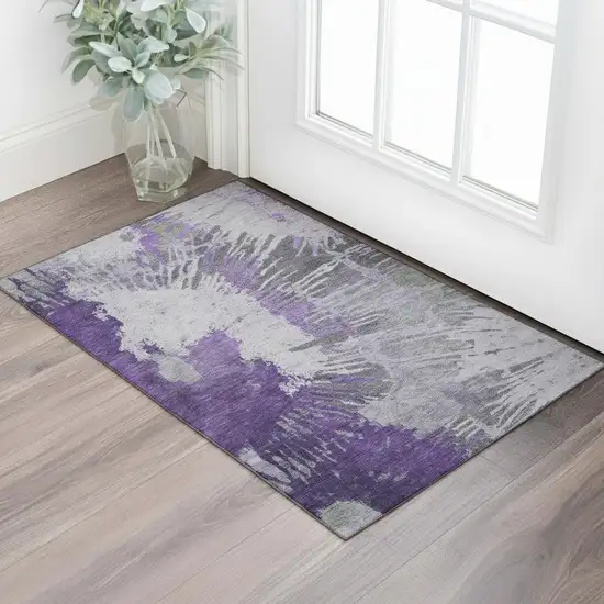 Purple Ivory And Gray Abstract Washable Area Rug With UV Protection Photo 1