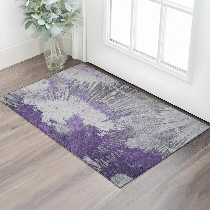 Purple Ivory And Gray Abstract Washable Area Rug With UV Protection Photo 1