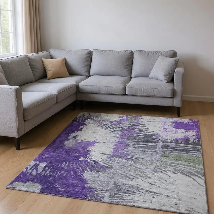 Purple Ivory And Gray Abstract Washable Area Rug With UV Protection Photo 2