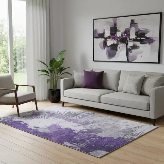 Purple Ivory And Gray Abstract Washable Area Rug With UV Protection Photo 1